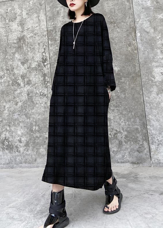 French Black-flower Tunics for O Neck Pockets a Line Dress