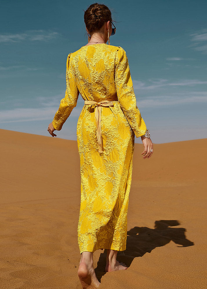 Dinner Yellow O-neck Slim Lace Maxi Dresses Long Sleeve
