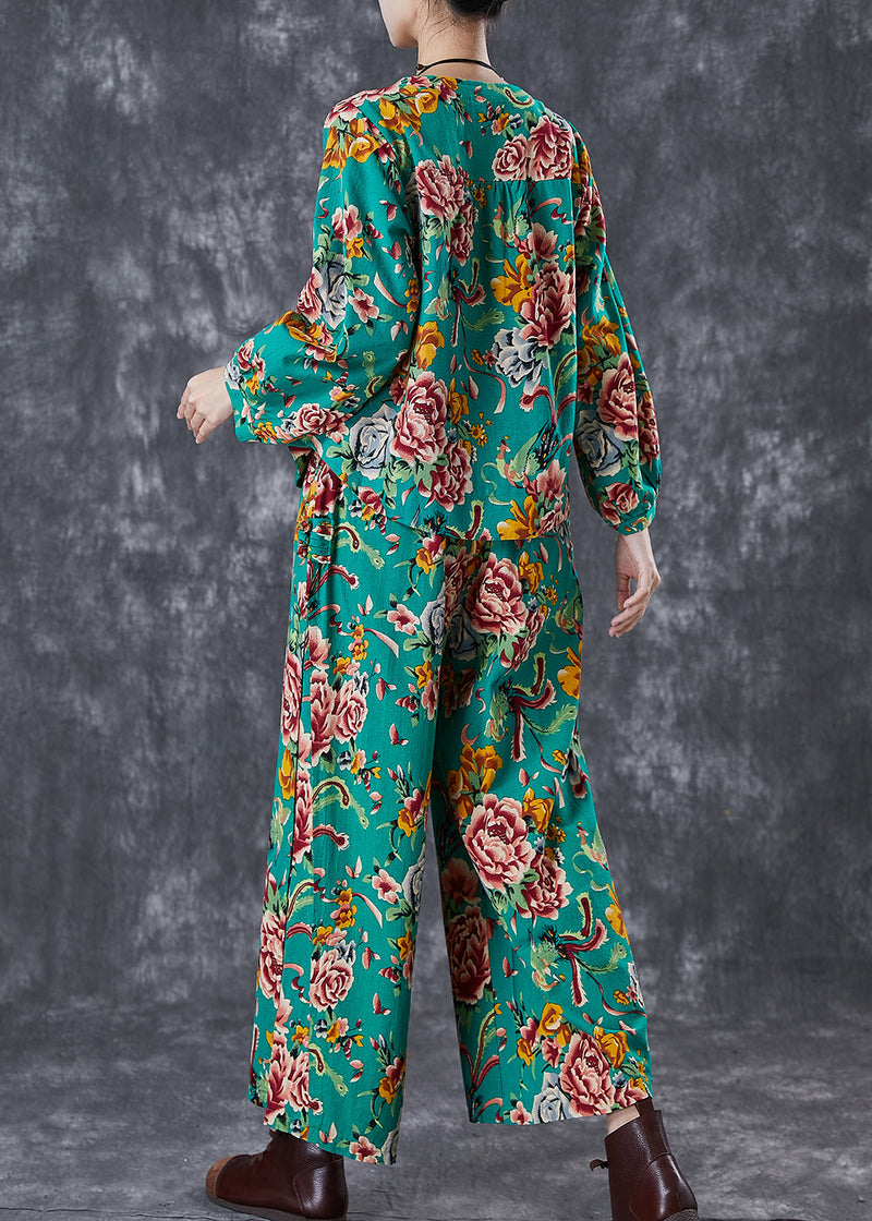 Green Print Chinese Button Linen Two Piece Set Fall