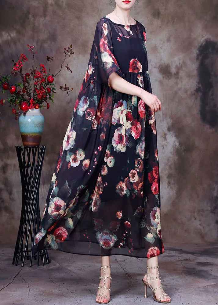 Black Wrinkled Print Chiffon Long Dress and Dress Spaghetti Strap Two Piece Suit Set Summer