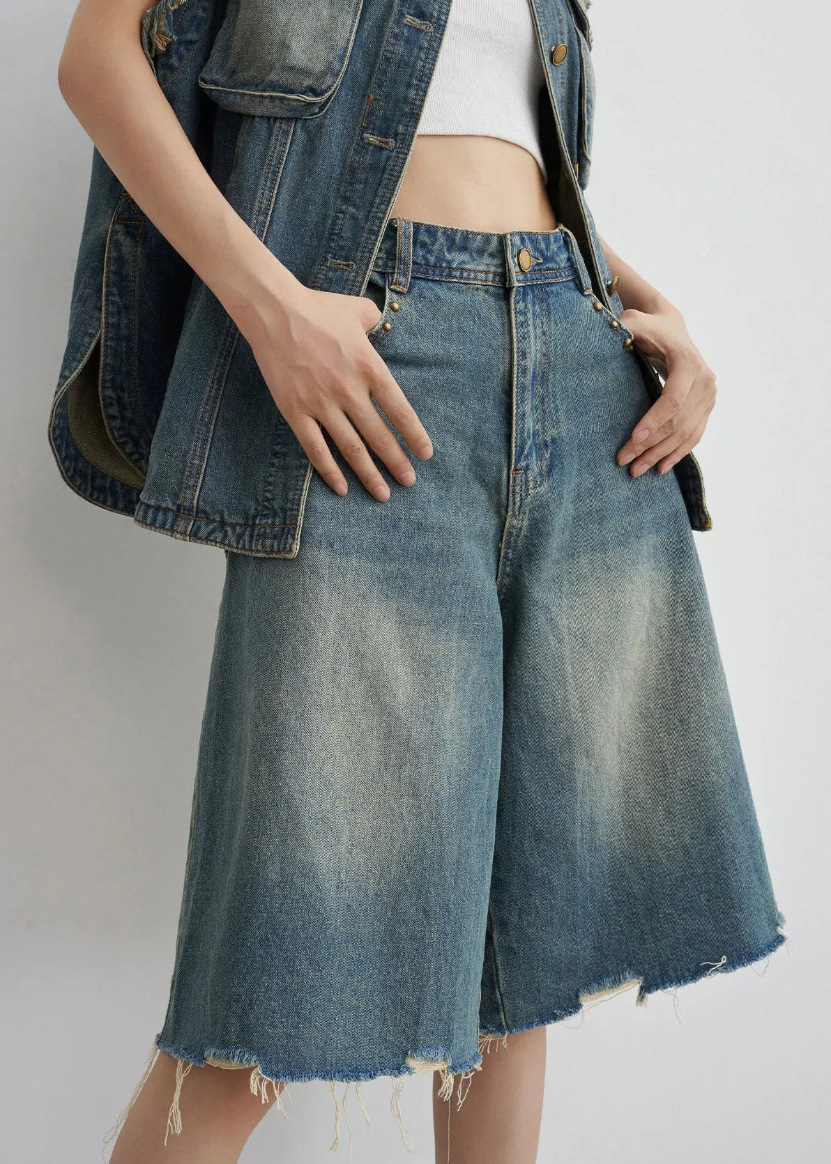 Blue Nail Bead Button Denim Two-piece Set Summer