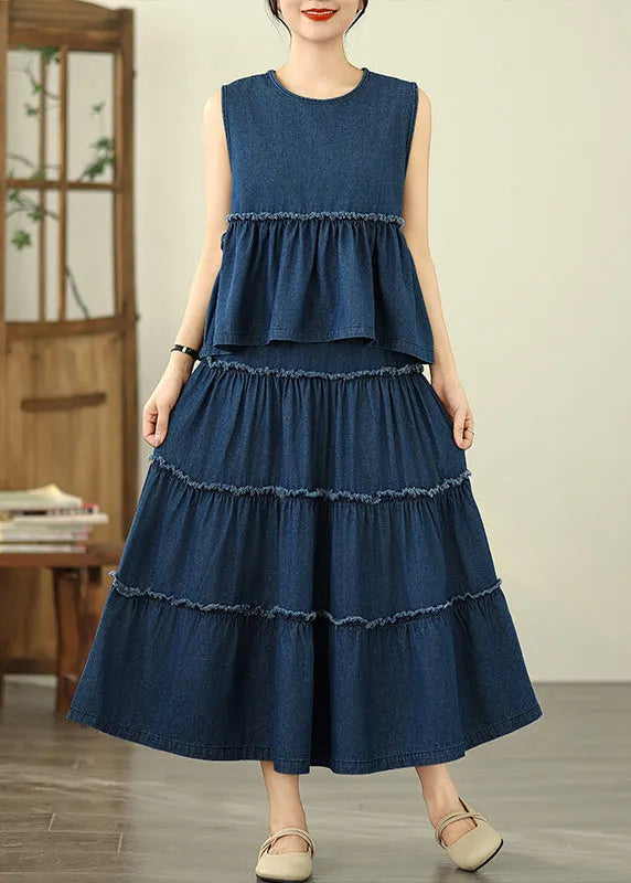 Loose Navy Ruffled Patchwork Denim Top and Maxi Skirts Two Piece Set Sleeveless