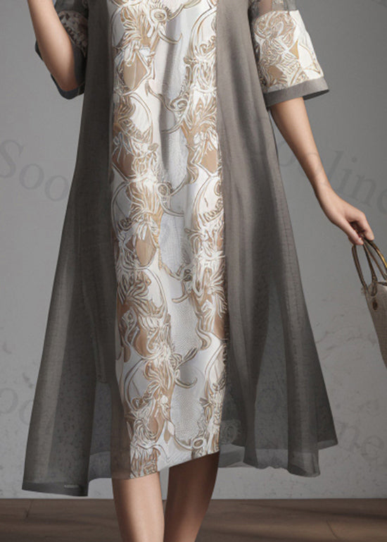 Classy Grey O Neck Print Patchwork Silk Dresses Summer