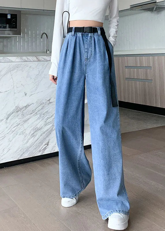 Blue Original Design Elastic Waist Pockets Cotton Denim Wide Leg Pants Summer