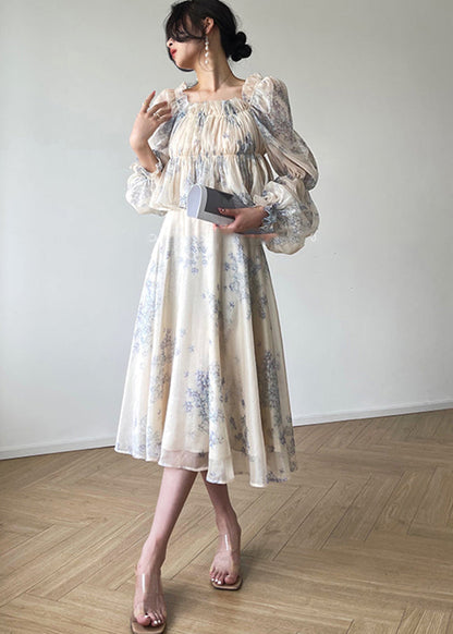 Square Collar Print Top and Skirts Two Pieces Set Fall