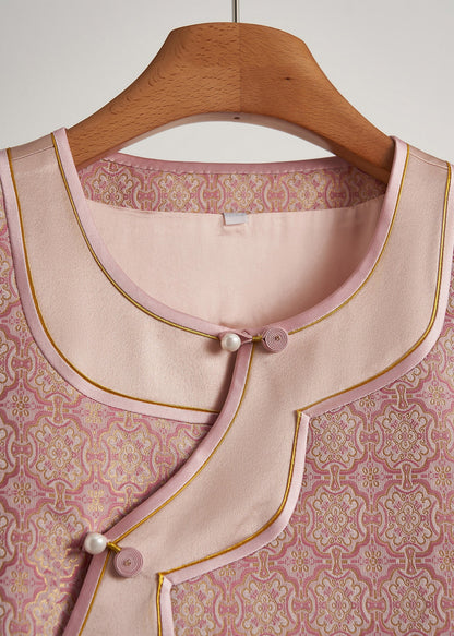 Pink Jacquard Patchwork Silk Oriental Vests Fall
