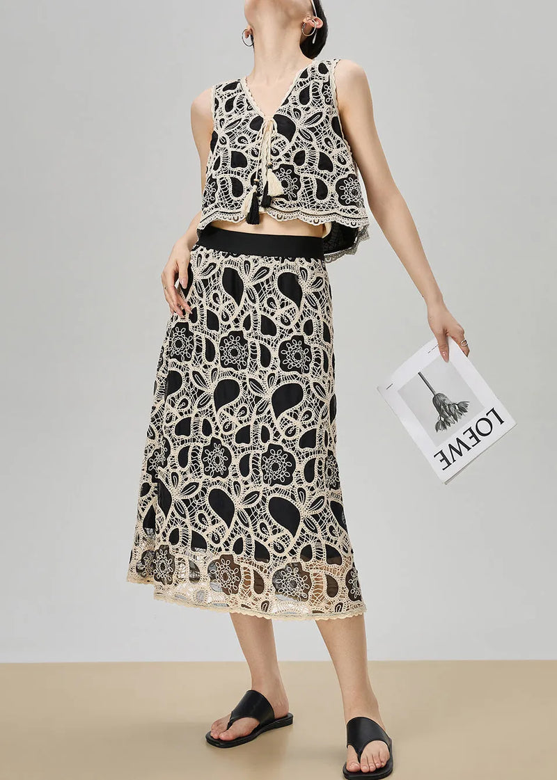 French Black Embroidered Lace Up Tank and Skirts Cotton Two Pieces Set Sleeveless