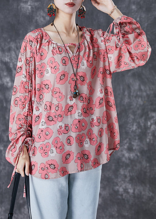 Red Cinched Print Shirt Top Fall