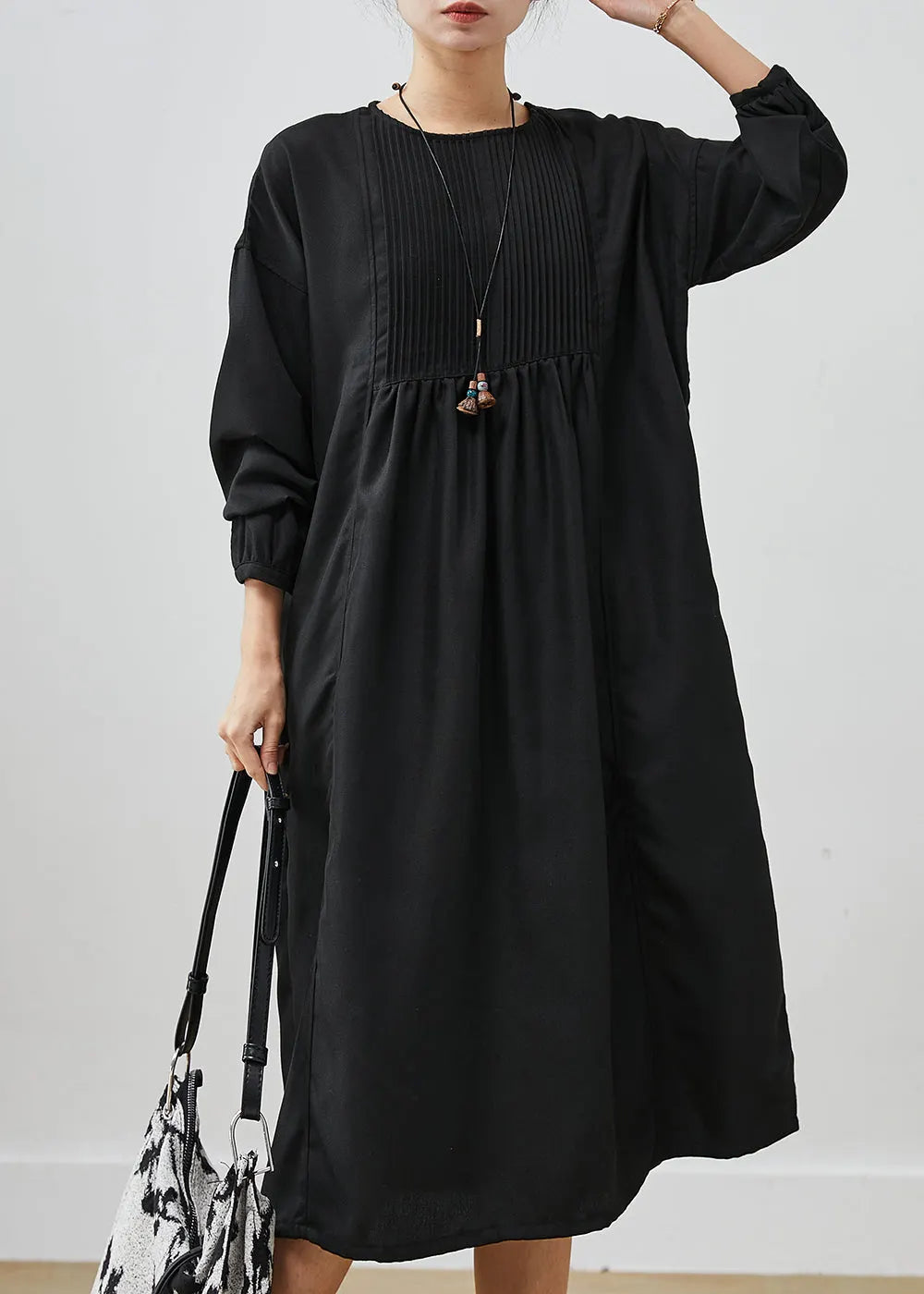 Black Oversized Wrinkled Cotton Long Dress Spring
