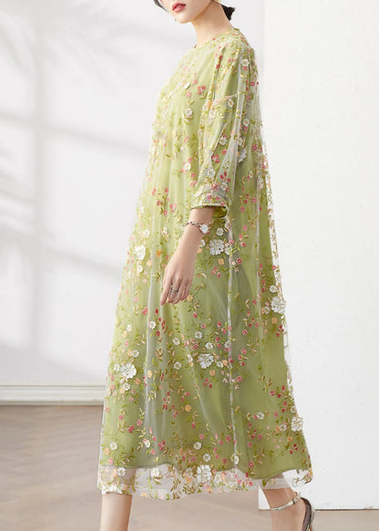 Original Green O-neck Embroideried Patchwork Tulle Dress Fall