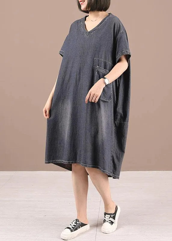 Black V Neck Pockets Denim Summer Maxi Dresses