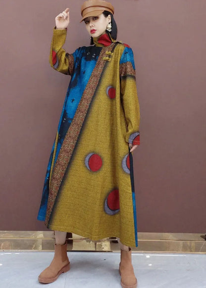 Khaki Dot Print Woolen Long Dresses Spring