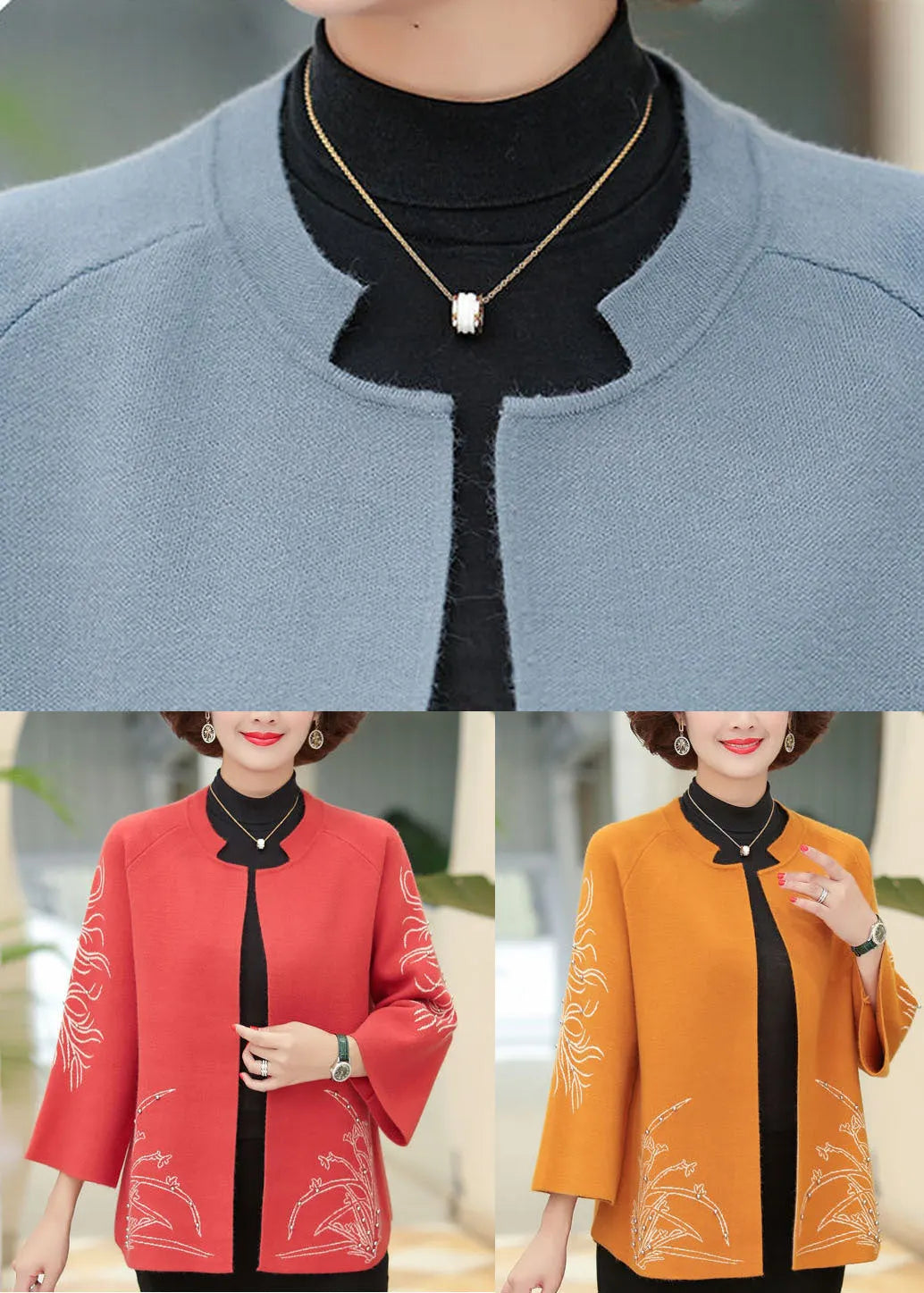 Blue O-neck Print Woolen Loose Coat Long Sleeve