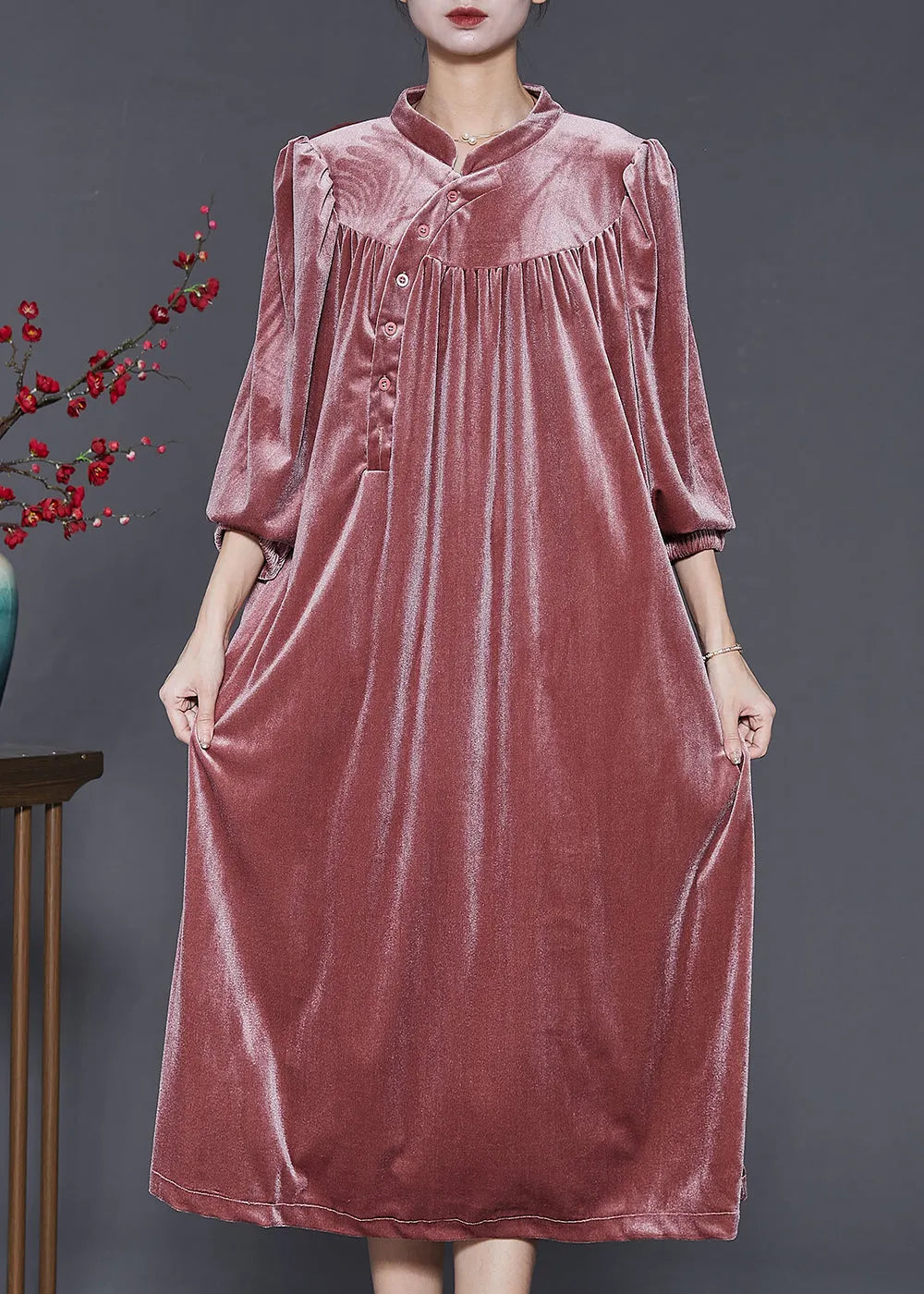 Diy Brick Red Stand Collar Oversized Silk Velour Dress Spring
