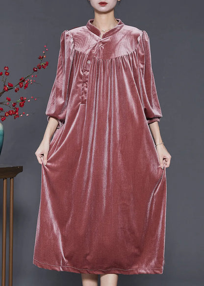 Diy Brick Red Stand Collar Oversized Silk Velour Dress Spring