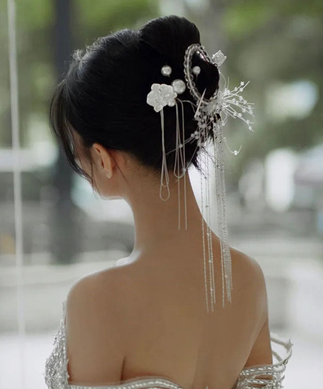 White Alloy Crystal Pearl Tassel Hairpin