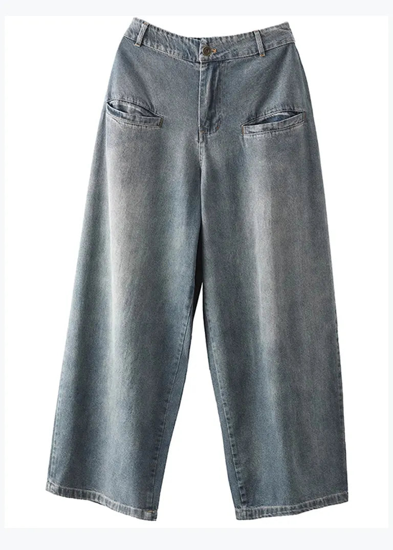 Blue Pockets High Waist Denim Wide Leg Pants Spring