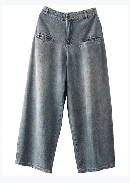 Blue Pockets High Waist Denim Wide Leg Pants Spring