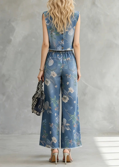 Stylish Blue O Neck Print Denim Two Pieces Set Summer