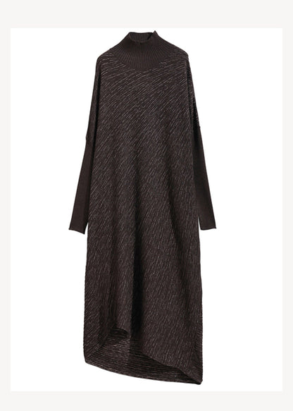 Chocolate Hign Neck Patchwork Woolen Sweater Dress Winter