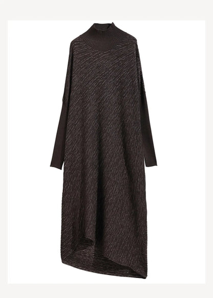 Chocolate Hign Neck Patchwork Woolen Sweater Dress Winter