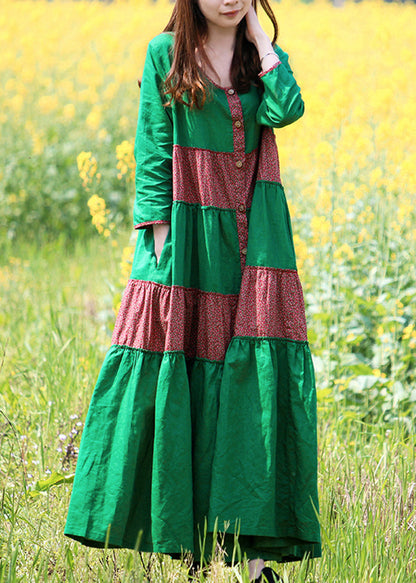 Green O-neck Button Patchwork Vacation Dresses Long Sleeve