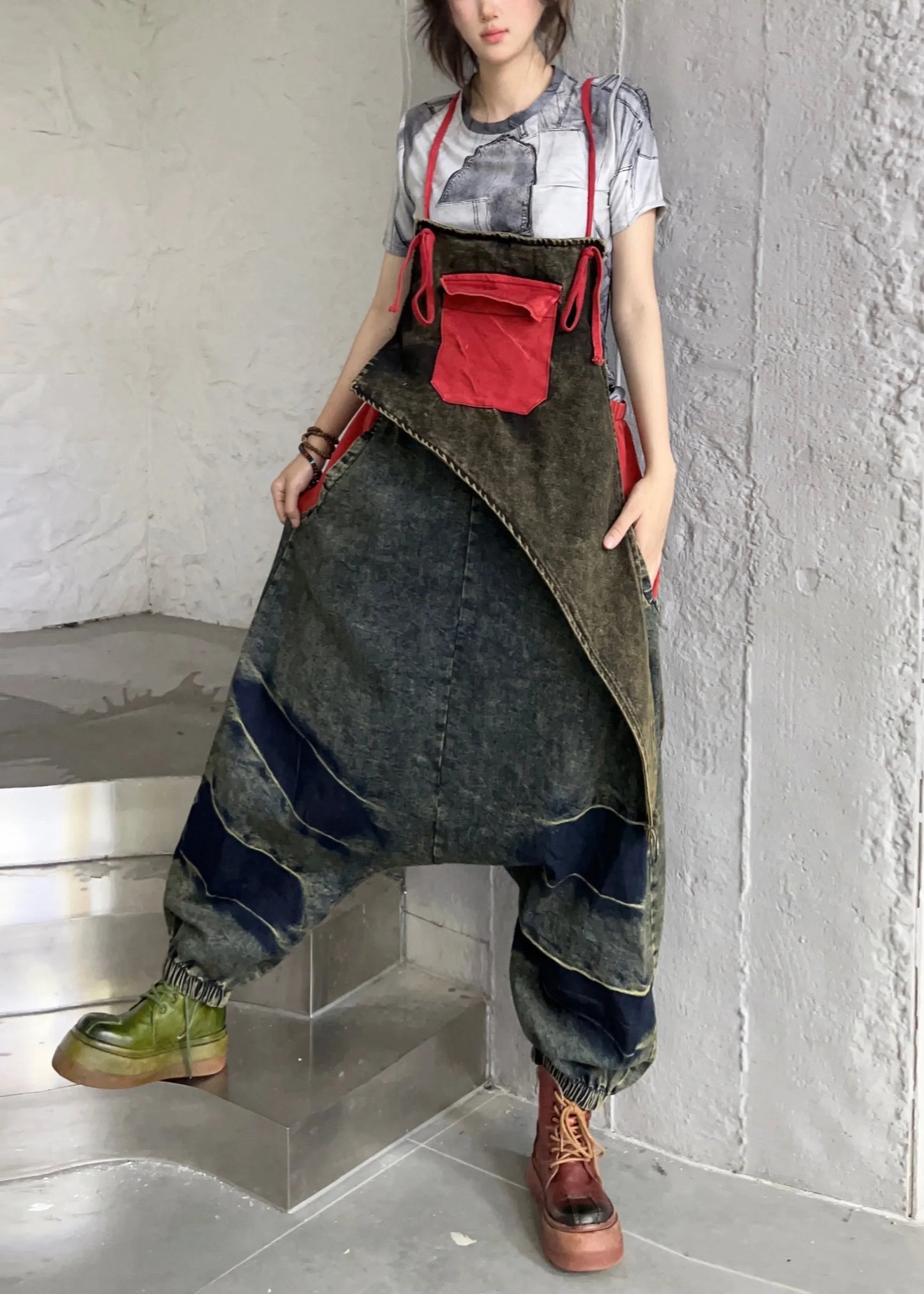 Black Pockets High Waist Patchwork Denim Jumpsuit Sleeveless
