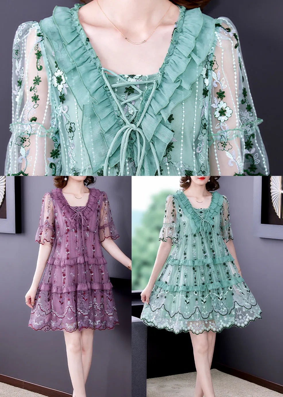 Stylish Purple V Neck Patchwork Lace Up Tulle a Line Dress Short Sleeve