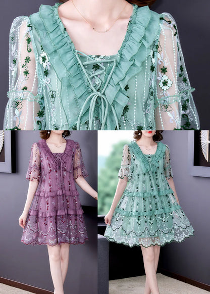 Stylish Purple V Neck Patchwork Lace Up Tulle a Line Dress Short Sleeve