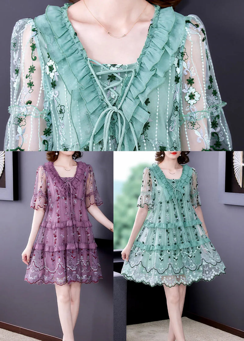 Stylish Purple V Neck Patchwork Lace Up Tulle a Line Dress Short Sleeve