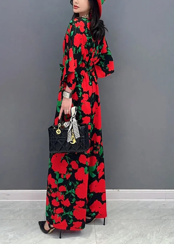 Red Print Chiffon Jumpsuit V Neck Tie Waist Summer