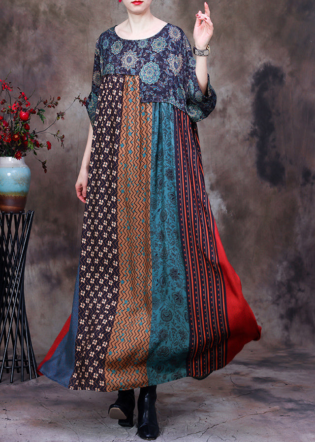 Green O-neck Print Patchwork Silk Long Dresses Long Sleeve