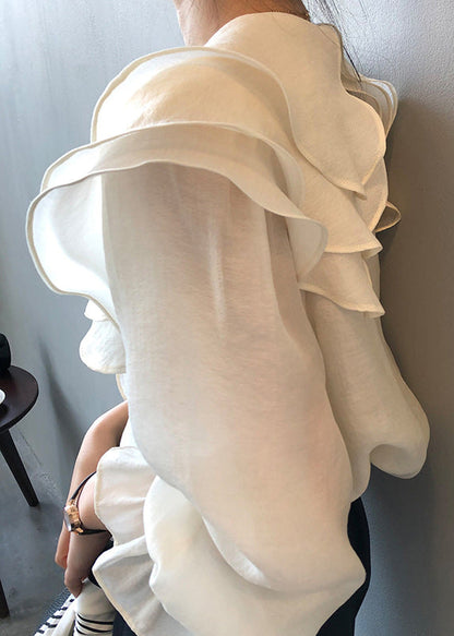 White Patchwork Thin Cotton Shirt Ruffled Long Sleeve