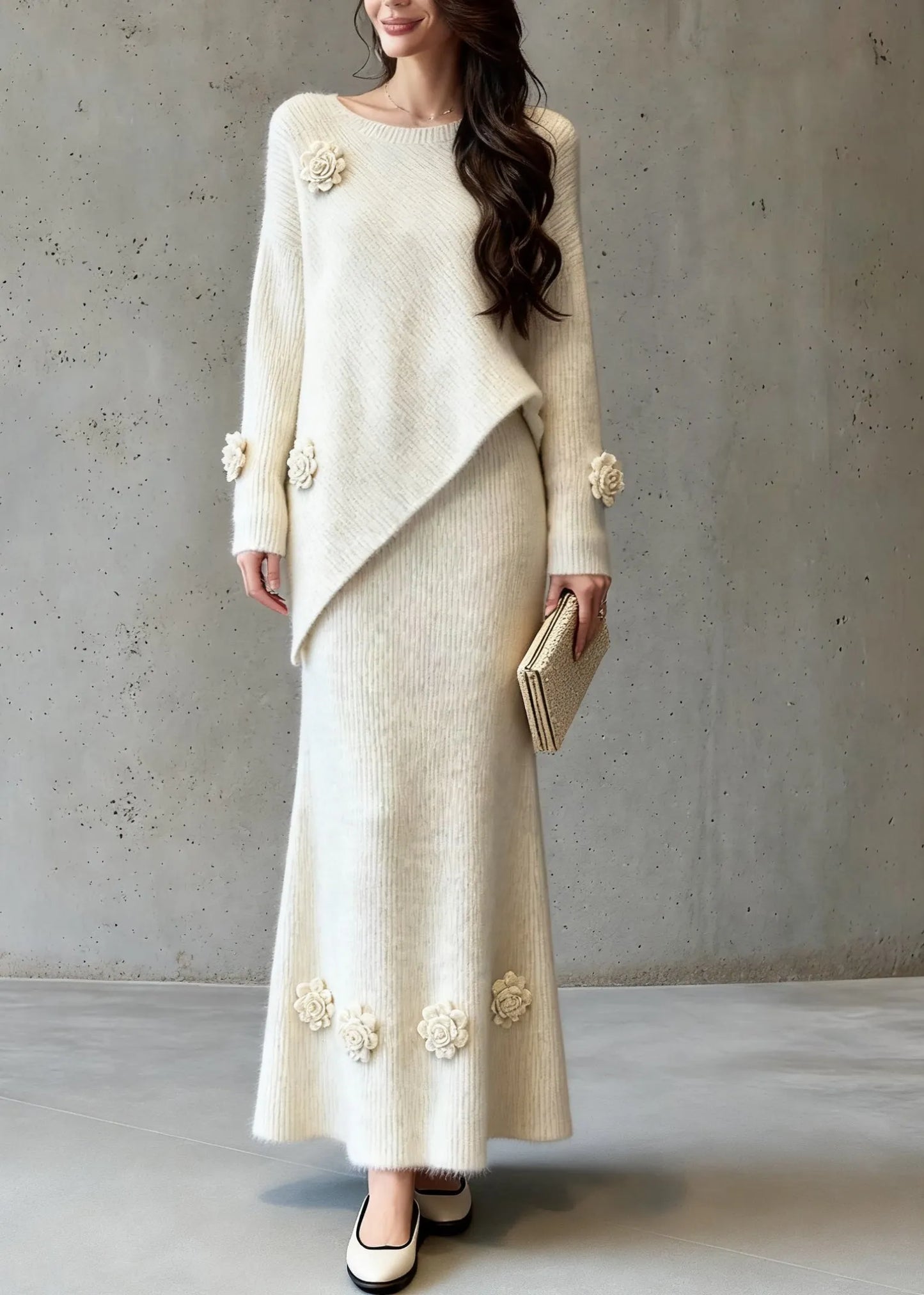 Natural Asymmetrical Cotton Knit Sweaters and a Line Skirts Two-piece Set Spring