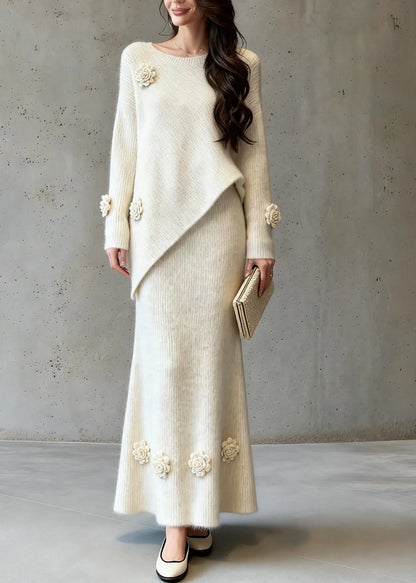 Natural Asymmetrical Cotton Knit Sweaters and a Line Skirts Two-piece Set Spring