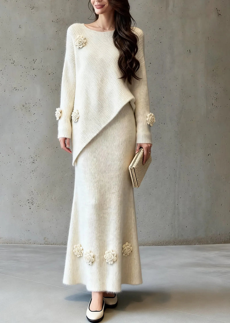 Natural Asymmetrical Cotton Knit Sweaters and a Line Skirts Two-piece Set Spring