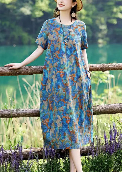Classy Blue O-neck Print Cotton Long Dress Summer