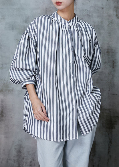 Grey Oversized Striped Cotton Shirt Spring