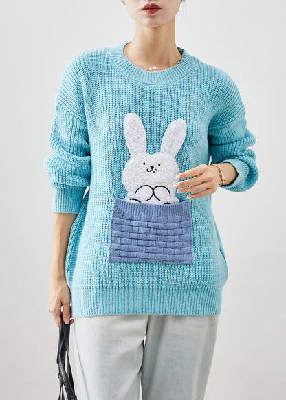 Sky Blue Thick Patchwork Rabbit Knitted Tops Winter