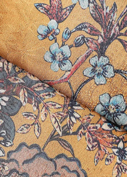 Chinese Style Yellow V Neck Print Nail Bead Wear on Both Sides Silk Coat Fall