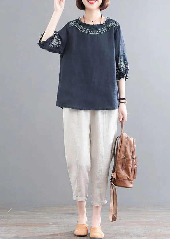 Loose Navy O-neck Top and Corp Pants Two-piece Set Summer