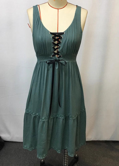 Green Ruffled Patchwork Long Spaghetti Strap Dress Sleeveless Summer