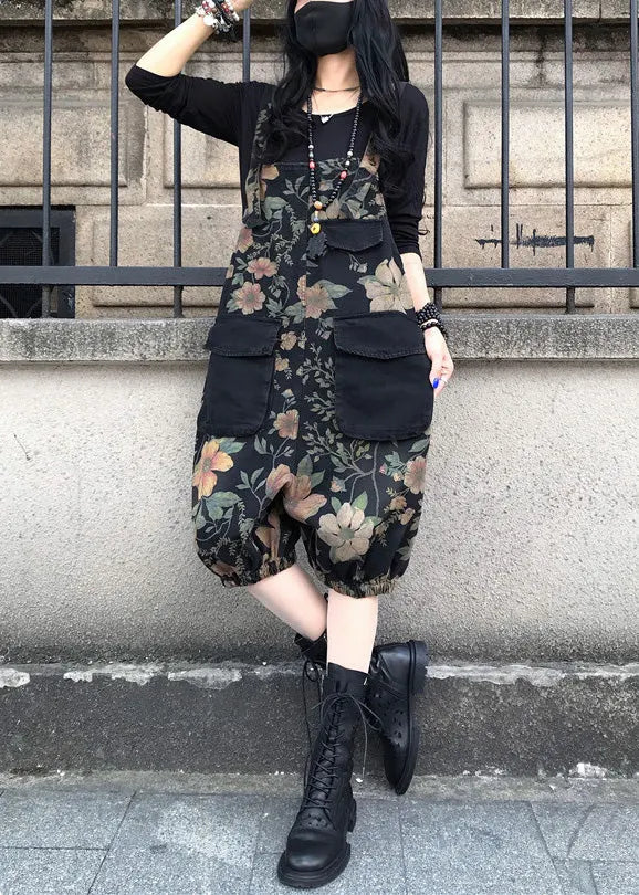 Slash Neck Print Patchwork Button Denim Jumpsuit Spring