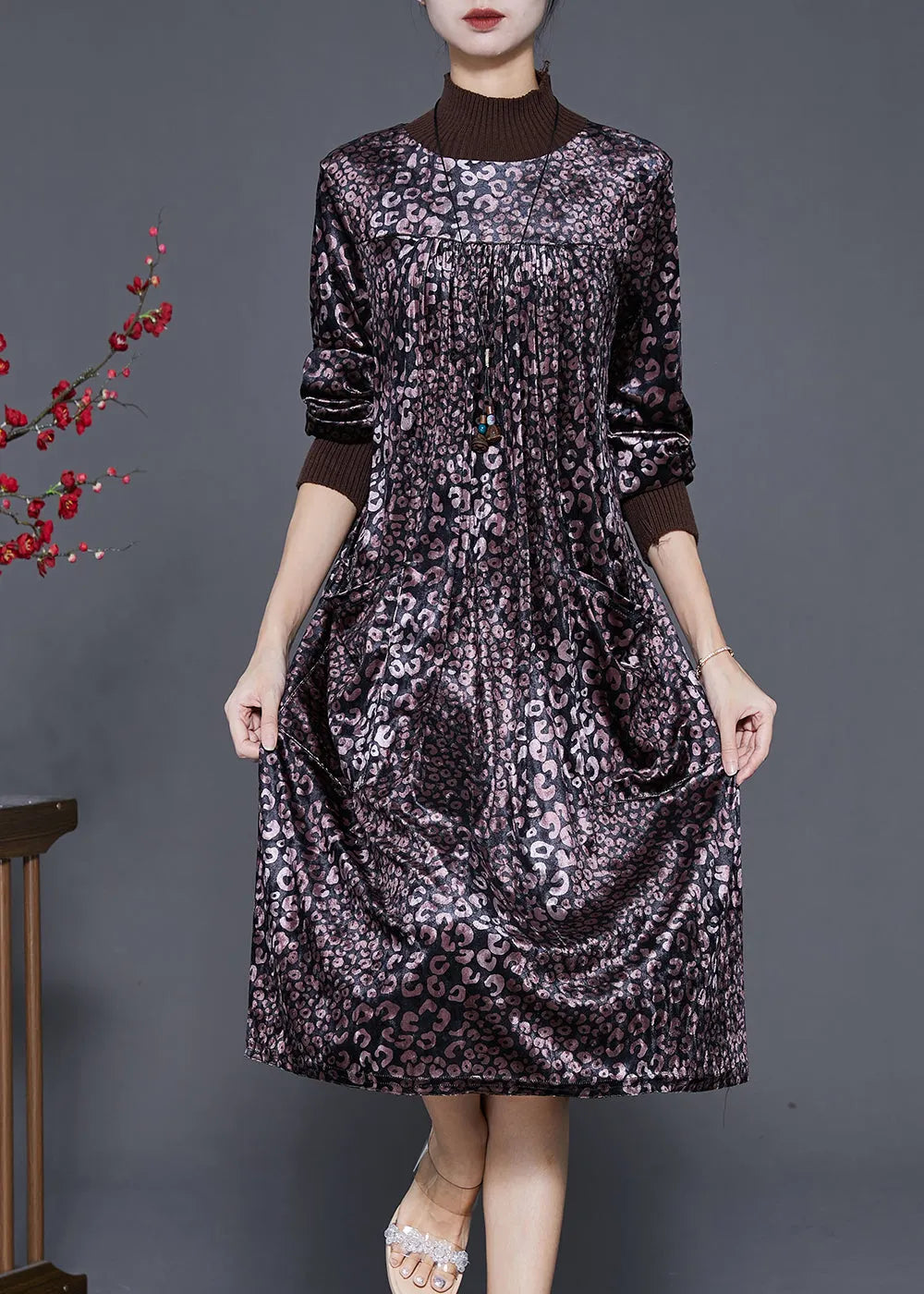 Dull Purple High Neck Print Silk Velour Dress Spring