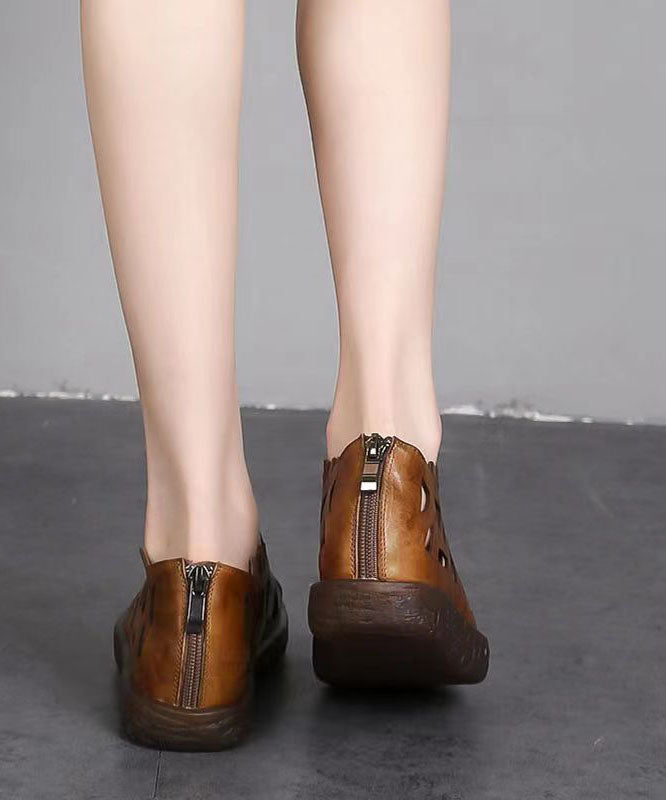 Splicing Hollow Out Flat Sandals Brown Cowhide Leather