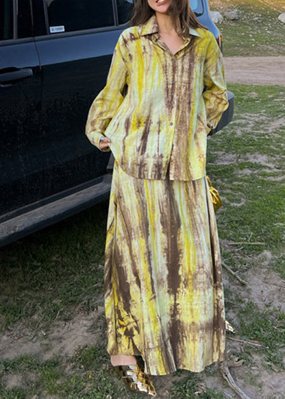 Fitted Purple Peter Pan Collar Tie Dye Shirts and Maxi Skirts Two Piece Set Long Sleeve