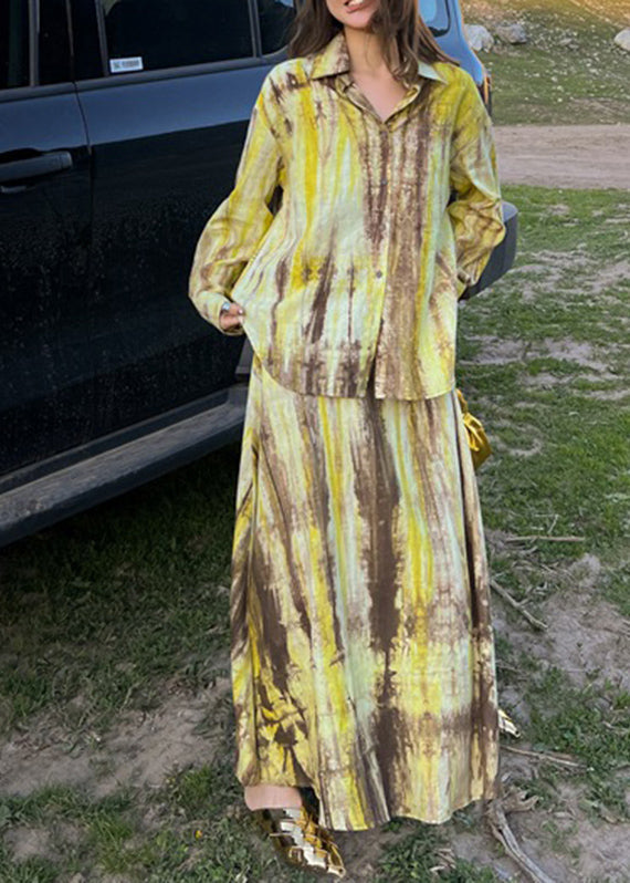 Fitted Purple Peter Pan Collar Tie Dye Shirts and Maxi Skirts Two Piece Set Long Sleeve