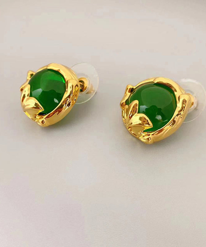 Art Green Copper Overgild 14k Gold Gem Stone Stud Earrings