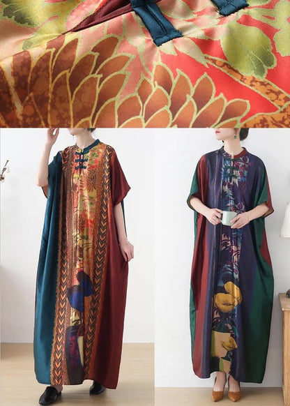 Handmade Red Purple Green Print Chiffon Dress Loose Summer Dress
