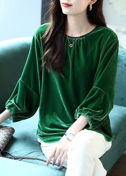 Loose Blackish Green O Neck Silk Velour Tops Spring